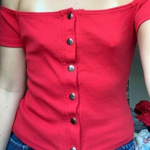 off the shoulder button up top
